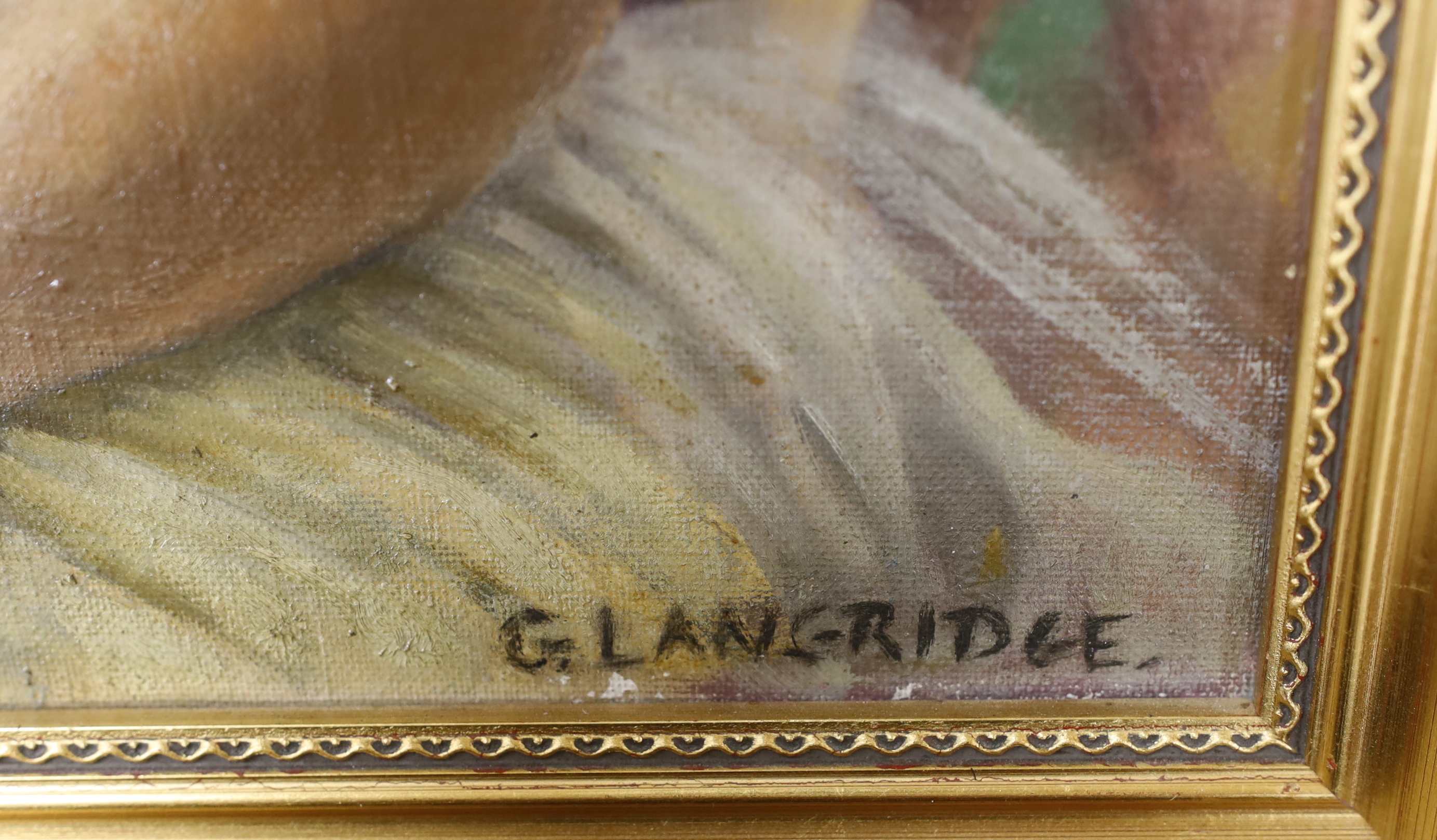 G. Langridge, oil on canvas, Portrait of a girl holding a doll, signed, 50 x 40cm